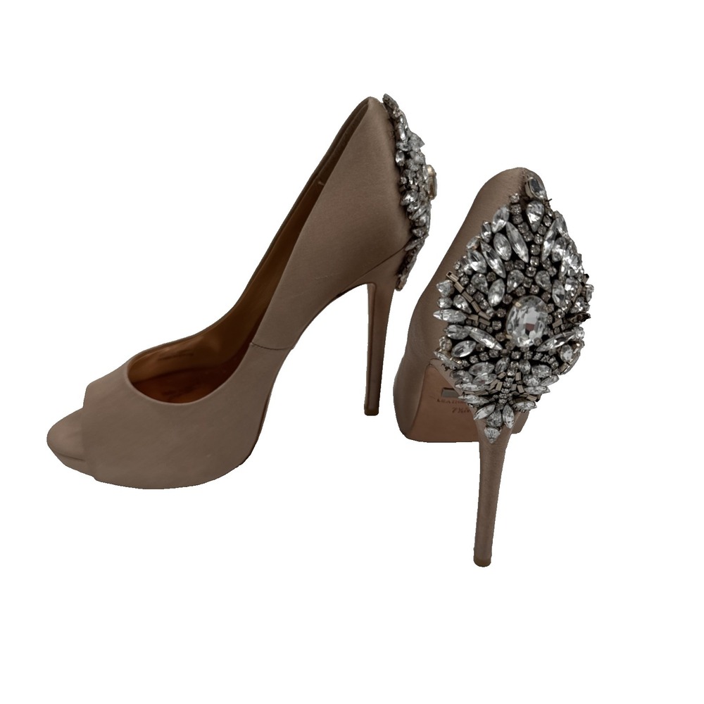 BADGLEY MISCHKA Latte Satin Kiara Embellished Peep-Toe Stiletto Pumps Size 7.5 M